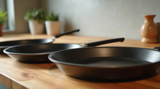 Trois plaques de plancha en fonte, inox et acier côte à côte dans une cuisine lumineuse, textures visibles, aucune marque ou texte