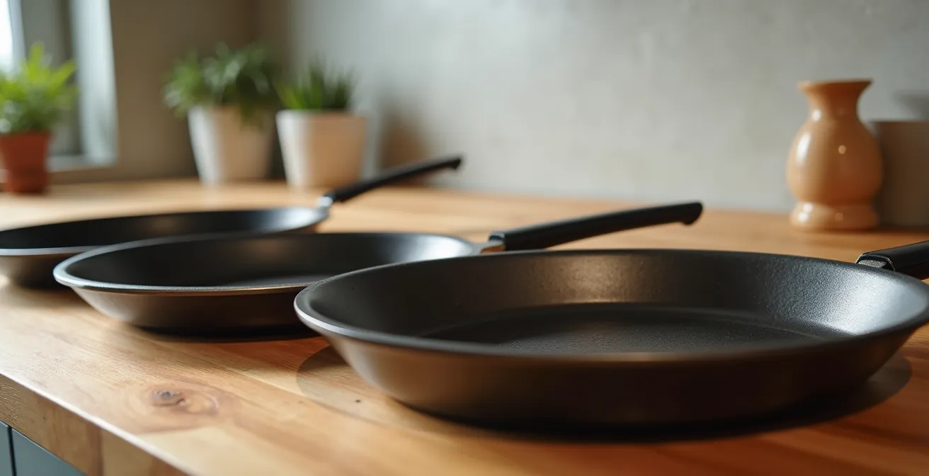 Trois plaques de plancha en fonte, inox et acier côte à côte dans une cuisine lumineuse, textures visibles, aucune marque ou texte