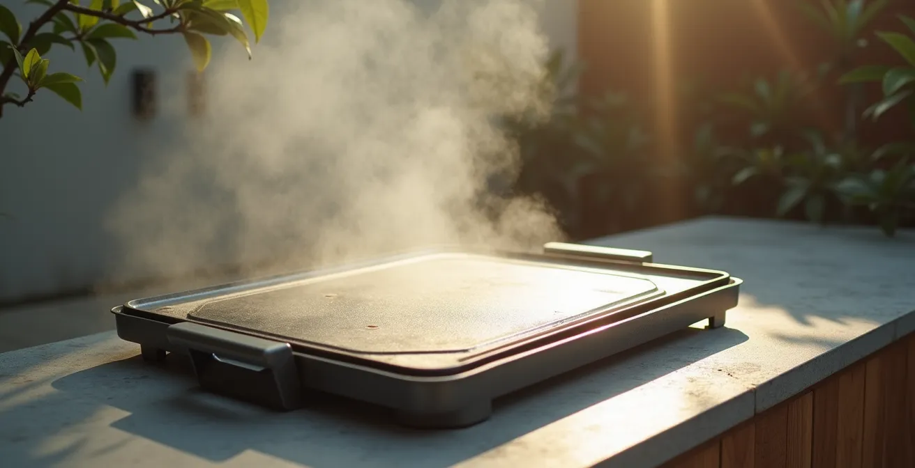 Plancha dans un espace épuré, rayon de lumière sur la surface nettoyée, aucune inscription visible