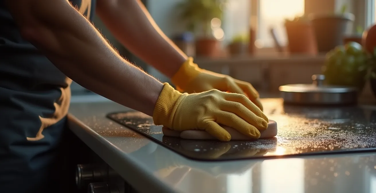 Main d’un utilisateur procédant au nettoyage d’une plancha, geste précis et focalisé, sans marque