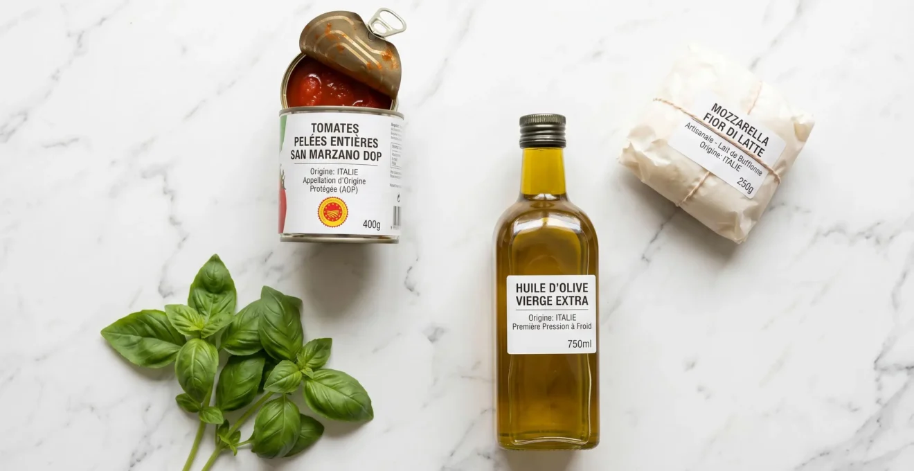 Composition flat lay d'ingrédients premium pour pizza artisanale : tomates San Marzano DOP en boîte, mozzarella Fior di Latte, basilic frais et huile d'olive sur marbre blanc