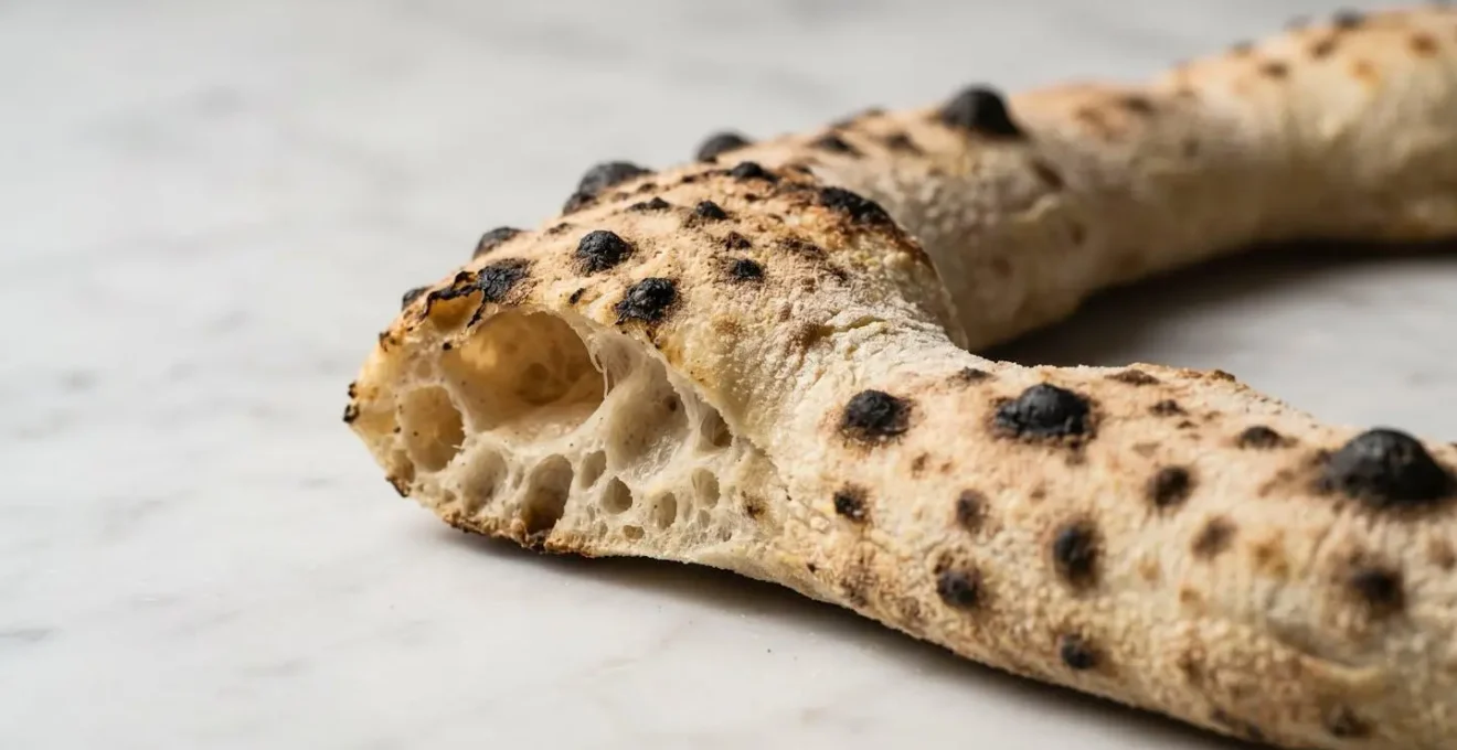 Gros plan macro sur le cornicione alvéolé d'une pizza napolitaine montrant structure irrégulière, bulles d'air et léopardage caractéristique de la cuisson four à bois