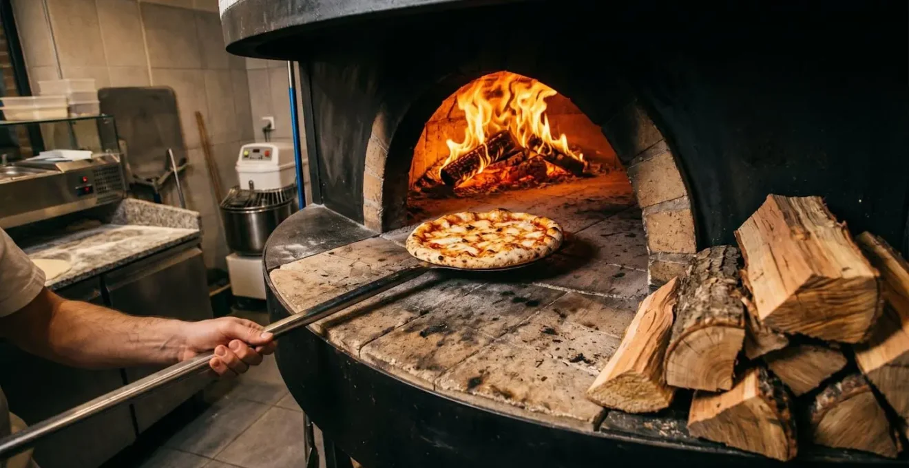 Intérieur d'un four à bois traditionnel avec flammes actives de combustion et pizza en cuisson sur pelle métallique, bois empilé visible