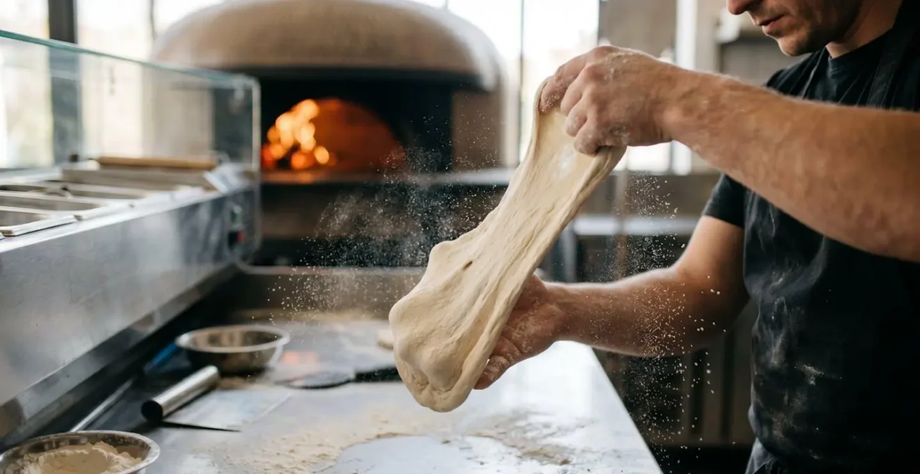Mains d'un pizzaïolo façonnant manuellement une pâte à pizza fraîche sur un comptoir en inox, farine en suspension, four à bois avec flammes en arrière-plan flou