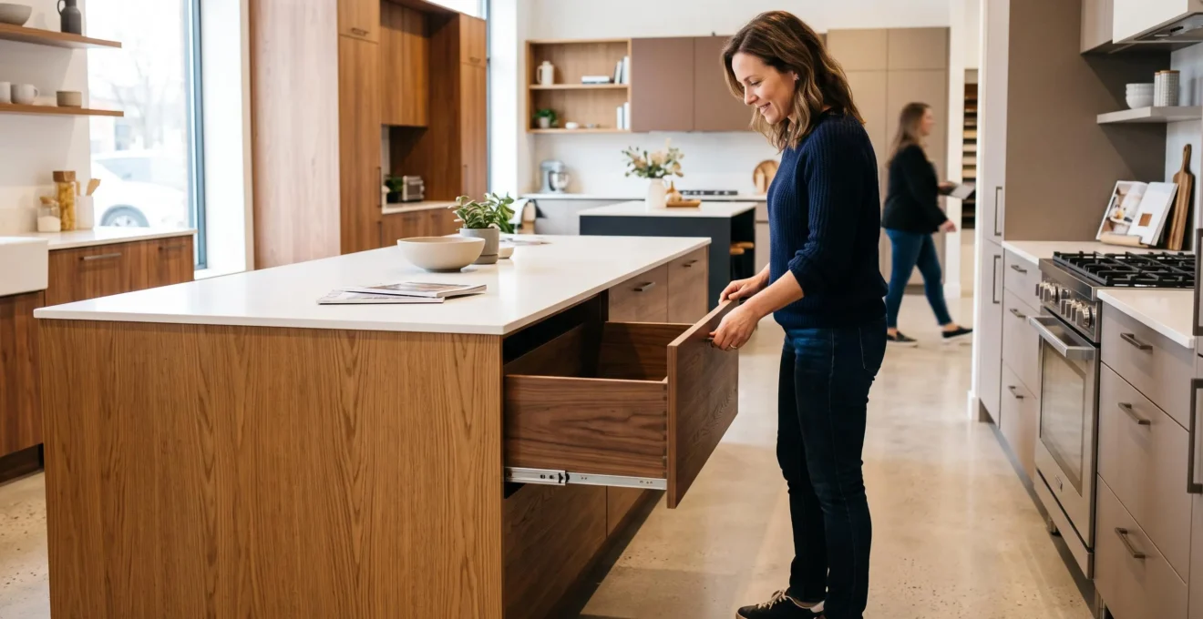Une cliente ouvre un tiroir d'un îlot de cuisine exposé dans un showroom.