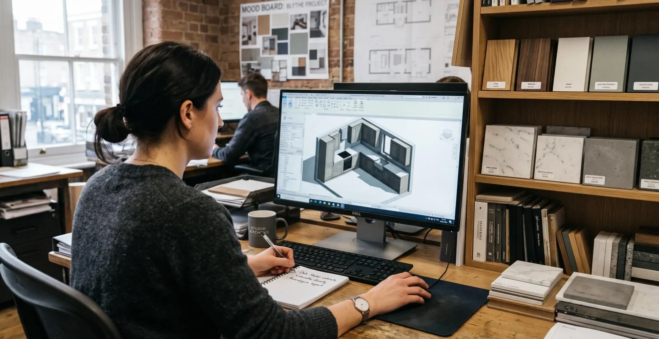 Un concepteur ajuste une maquette 3D de cuisine sur son ordinateur au bureau.